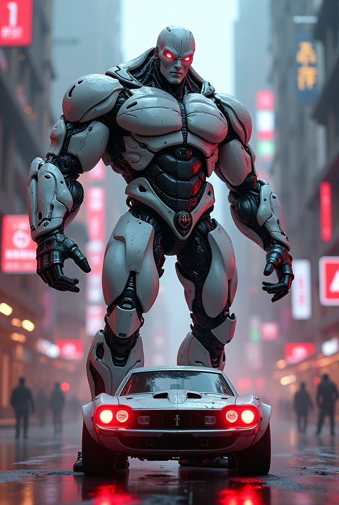 A big giga muscular men cyborg with scars on all body, red eyes, very white skins, scars everywhere, grab a car in histoire hand, a neon luminated and colored city scenery.