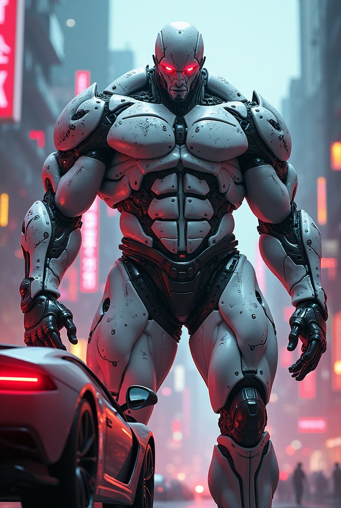 A big giga muscular men cyborg with scars on all body, red eyes, very white skins, scars everywhere, grab a car in histoire hand, a neon luminated and colored city scenery.