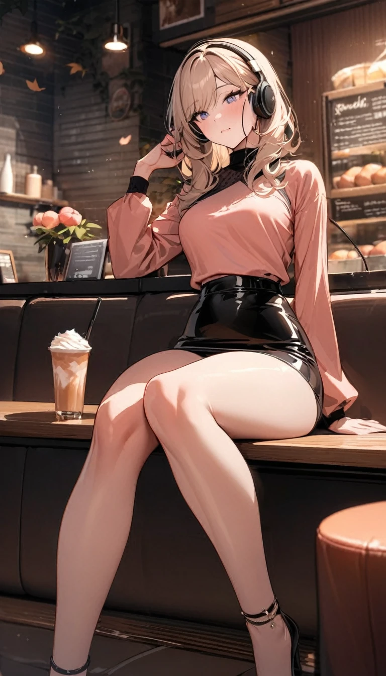 ((Top Quality)), ((Masterpiece)), ((Details)), perfect face, perfect body, fallen leaves background, sitting in a cafe, listening to music, sitting with legs apart, wearing tight clothes, wear a tight skirt, dating, Woman with face visible, glamorous, peach clothe