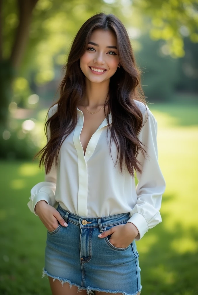 fot, Beautiful young woman, taken from a distance, that shows the whole body that everything appears, in garden, white blouse and denim mini skirt, sexly, white color, long brown hair, a softened wry smile - contained excited happiness, soft lighting on the face, realistic skin-hair textures, sky blue eyes-mist, beautiful real textures and delicate aesthetics, seeing yourself in full body, remarkable tribute to the natural feminine beauty of the body, noise, 8 k quality, FOTO RAW, by professional photographer, rule of thirds, Extremely Detailed