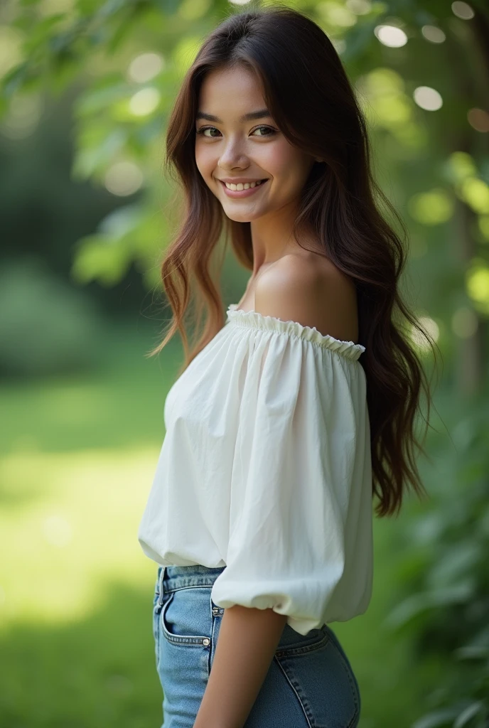 fot, Beautiful young woman, taken from a distance, that shows the whole body that everything appears, in garden, white blouse and denim mini skirt, sexly, white color, long brown hair, a softened wry smile - contained excited happiness, soft lighting on the face, realistic skin-hair textures, sky blue eyes-mist, beautiful real textures and delicate aesthetics, seeing yourself in full body, remarkable tribute to the natural feminine beauty of the body, noise, 8 k quality, FOTO RAW, by professional photographer, rule of thirds, Extremely Detailed