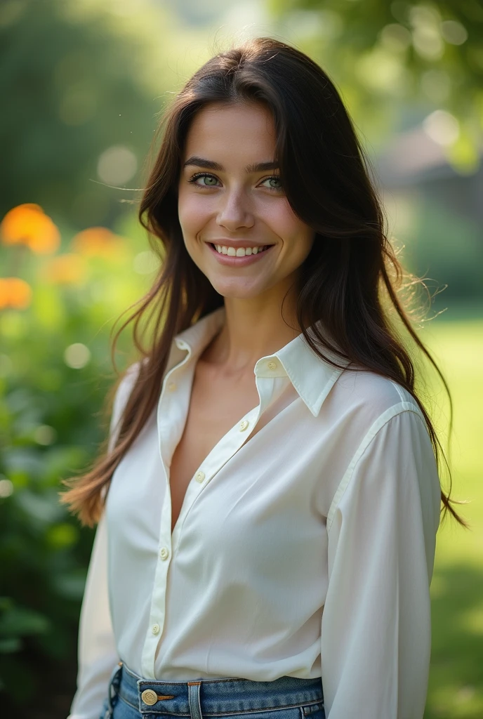 fot, Beautiful young woman, taken from a distance, that shows the whole body that everything appears, in garden, white blouse and denim mini skirt, sexly, white color, long brown hair, a softened wry smile - contained excited happiness, soft lighting on the face, realistic skin-hair textures, sky blue eyes-mist, beautiful real textures and delicate aesthetics, seeing yourself in full body, remarkable tribute to the natural feminine beauty of the body, noise, 8 k quality, FOTO RAW, by professional photographer, rule of thirds, Extremely Detailed