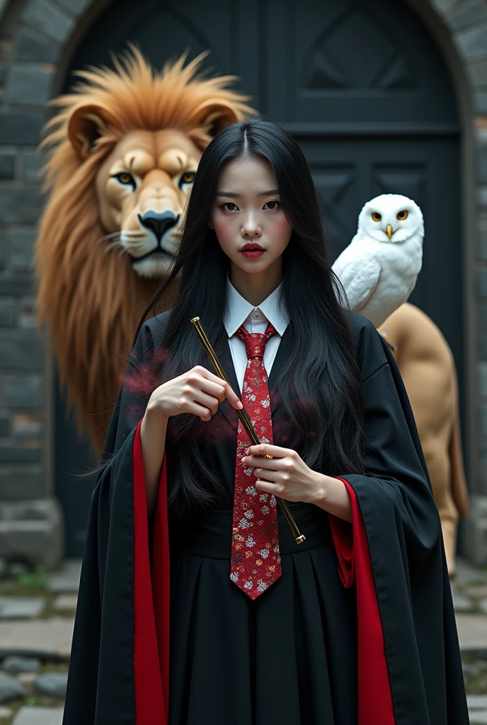 photorealistic photo, asian woman, white skin, Facing straight, Fluffy black hair, Slender fingers, There are five fingers on each hand., Black witch cloak, Red inner hood, black witch hat, White collared inner shirt, Red and white patterned tie, Holding a small, straight wand, There were several red sparks and red smoke coming out of the wood., A white owl stands on the right shoulder., A large golden lion with a fiery red mane appeared from the left rear., The background is an old black castle.
