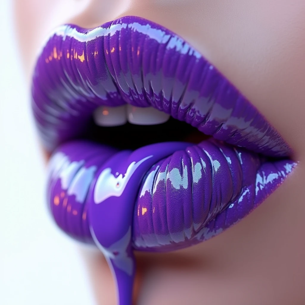 A 3D render of a close-up shot of a woman's royal purple lipstick. The lipstick appears to be melting and dripping, revealing a vibrant, iridescent shade beneath. The intricate details of the lips showcase a realistic texture, enhanced by skillful shading. The striking contrast of the vivid lip color against the pristine white background creates a mesmerizing visual experience.