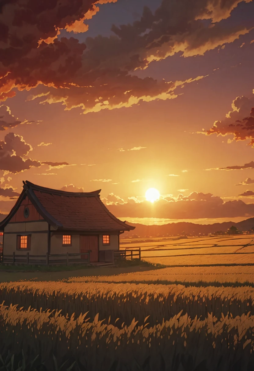 masterpiece!!!! 8k a stone hut in the middle of the field barleys ANIME GHIBLI STYLE!!!!! The image shows a serene hellish sunset scene with (orange clouds.yellow and red) golden clouds lighting shadow, 8khdr sol ilumination!!!! sunrise clouds