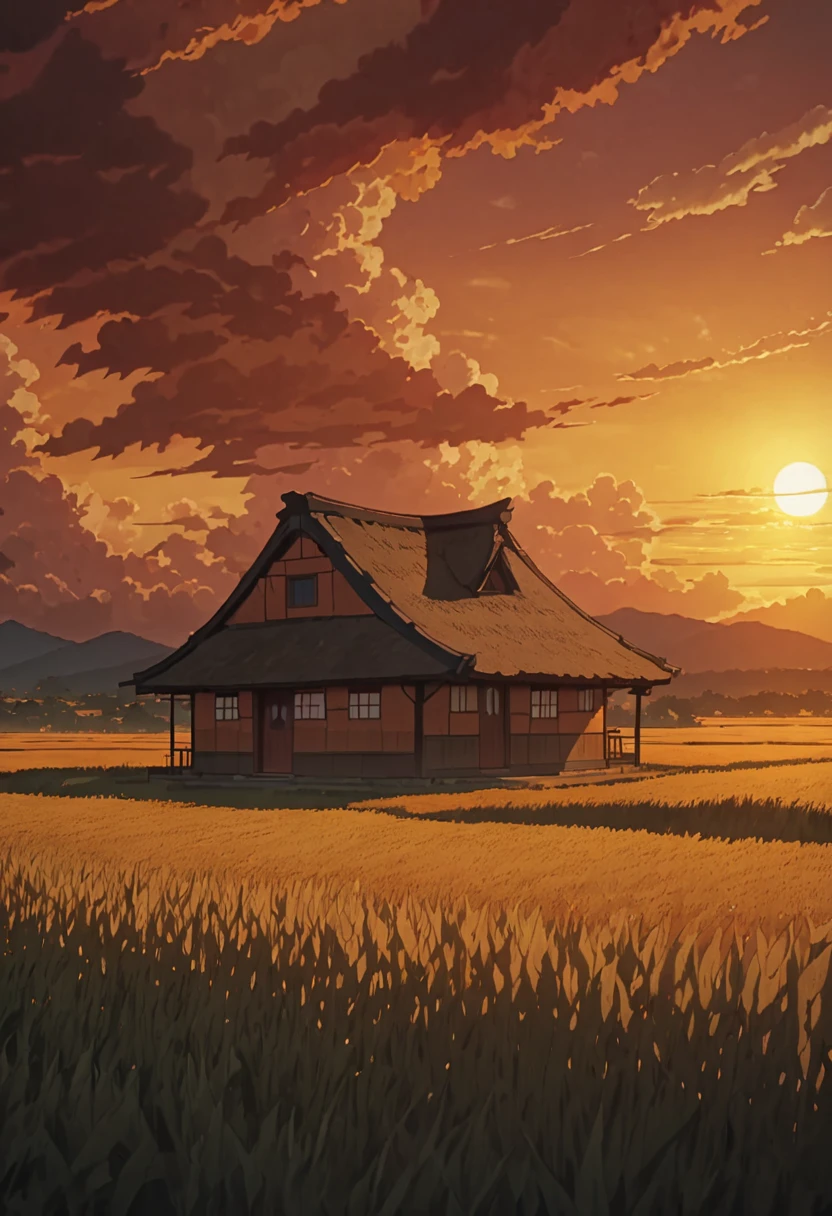 masterpiece!!!! 8k a stone hut in the middle of the field barleys ANIME GHIBLI STYLE!!!!! The image shows a serene hellish sunset scene with (orange clouds.yellow and red) golden clouds lighting shadow, 8khdr sol ilumination!!!! sunrise clouds