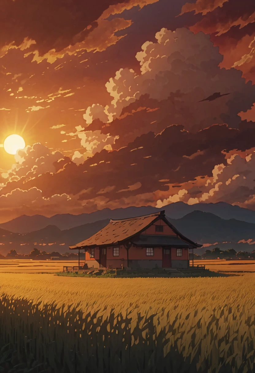 masterpiece!!!! 8k a stone hut in the middle of the field barleys ANIME GHIBLI STYLE!!!!! The image shows a serene hellish sunset scene with (orange clouds.yellow and red) golden clouds lighting shadow, 8khdr sol ilumination!!!! sunrise clouds
