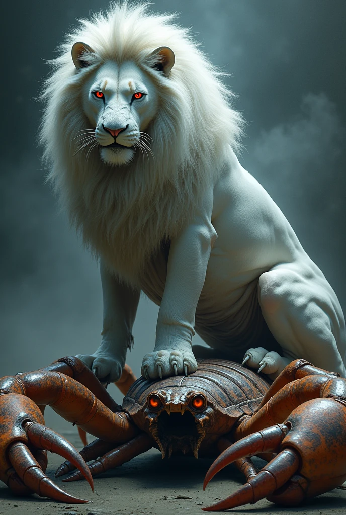 Make a lion with white costum and red eyes with long hair sitting on scorpion angry eyes with his wife 
