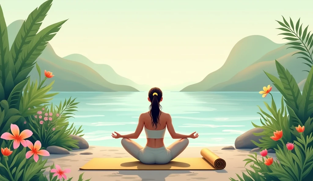 A serene background with soft, natural elements like flowing greenery, flowers, gentle waves, balanced mix of wellness items like a yoga mat, serene moments of self-care, Incorporate imagery of a woman practicing yoga or meditation in nature. “Find Your Balance, Live Your Best” in a clean, readable, modern font,