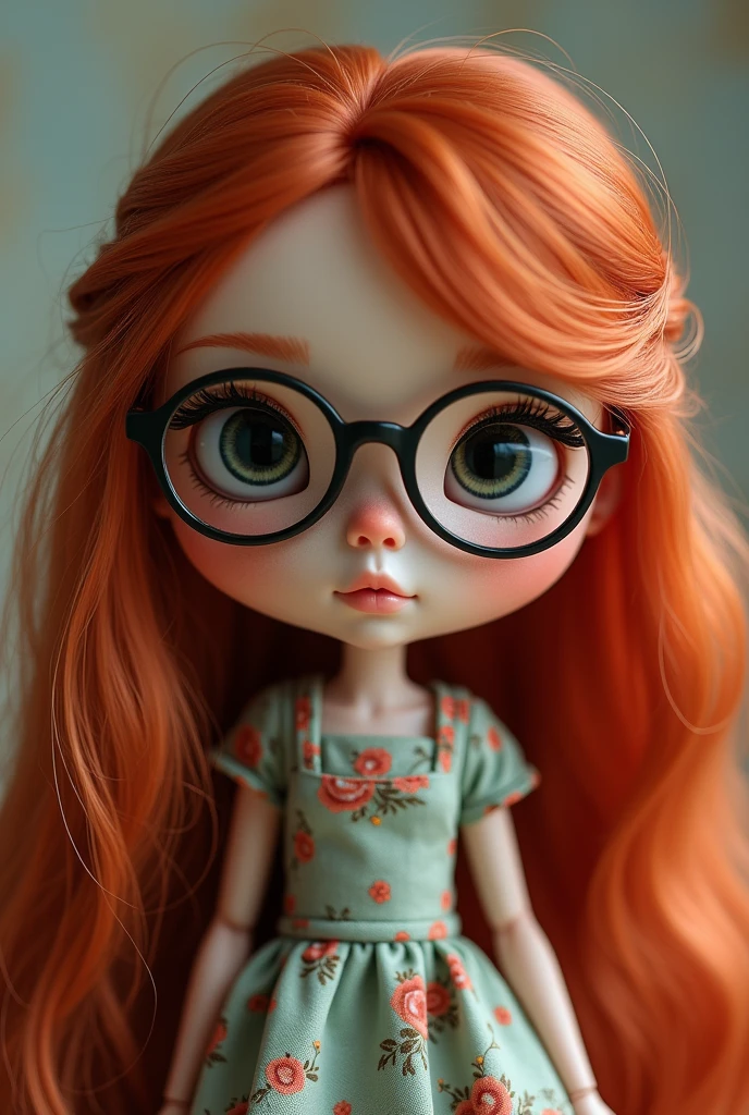 imagine a blythe doll with long red hair with NO bangs, black eyes with round glasses