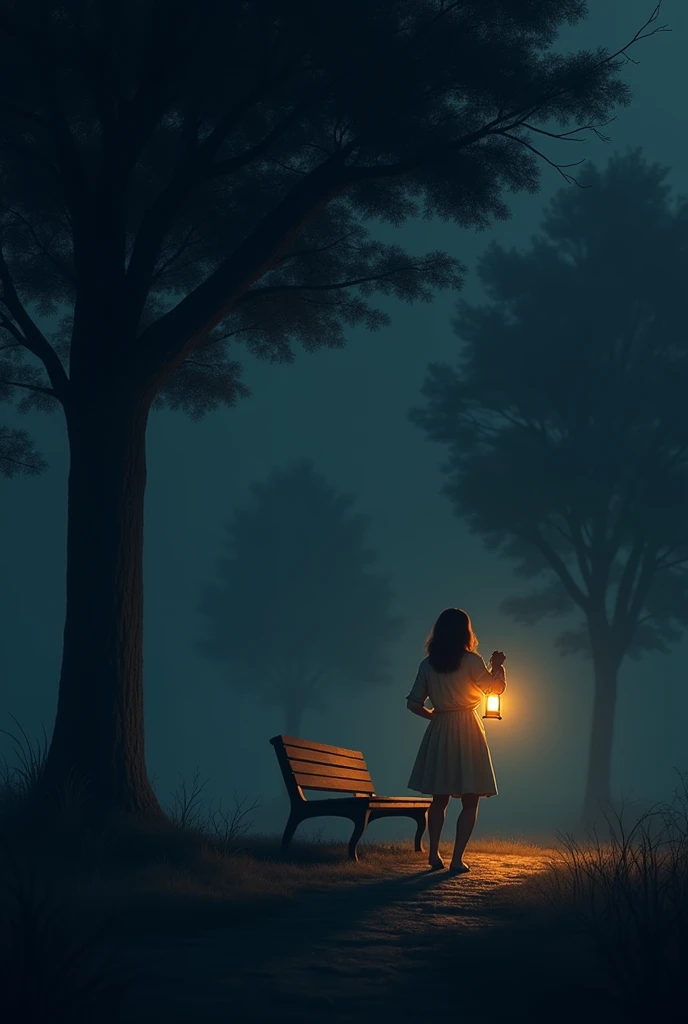 A woman is holding a lantern in one hand in the dark night as she arrives at the park., There is a bench under a tree in front of her..