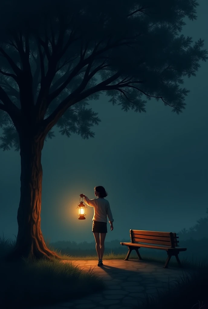 A woman is holding a lantern in one hand in the dark night as she arrives at the park., There is a bench under a tree in front of her..