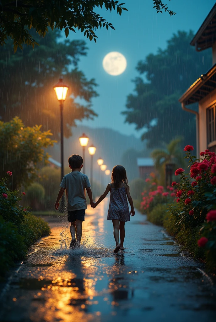 visual image or photograph,long site shot photo,moonlit night , bathing in the rain.highlight the depth of field and quality, conveying a sense of happiness and a good life despite the rainy weather, ghost boy and cute girl sister, pumping light, Rainey sesson,lantern street light, bathing in rain,tree flower in street line.