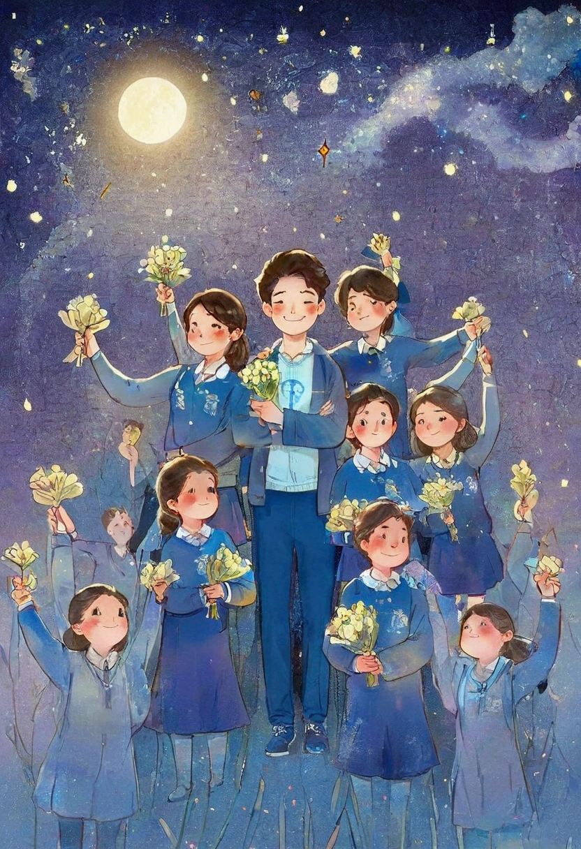 A group of students gathered around a teacher, holding flowers and trophies. The teacher smiled and gently placed their hands on the shoulders of the students, standing together on a "Star Avenue" made up of books, symbolizing the glorious path of education. The night sky serves as the background, adorned with brilliant stars and a bright moon, creating a halo effect around teachers and students, adding a sense of sacredness and glory. A solemn yet dreamlike atmosphere