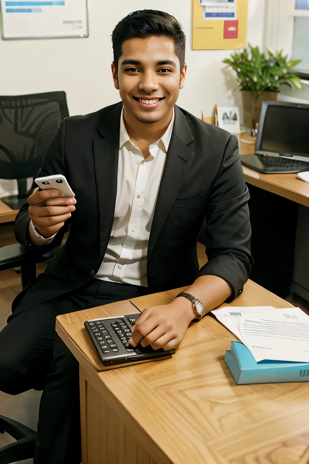 Smiling young hispanic man sitting in formal office at desk, holding cash in his hand, using mobile phone