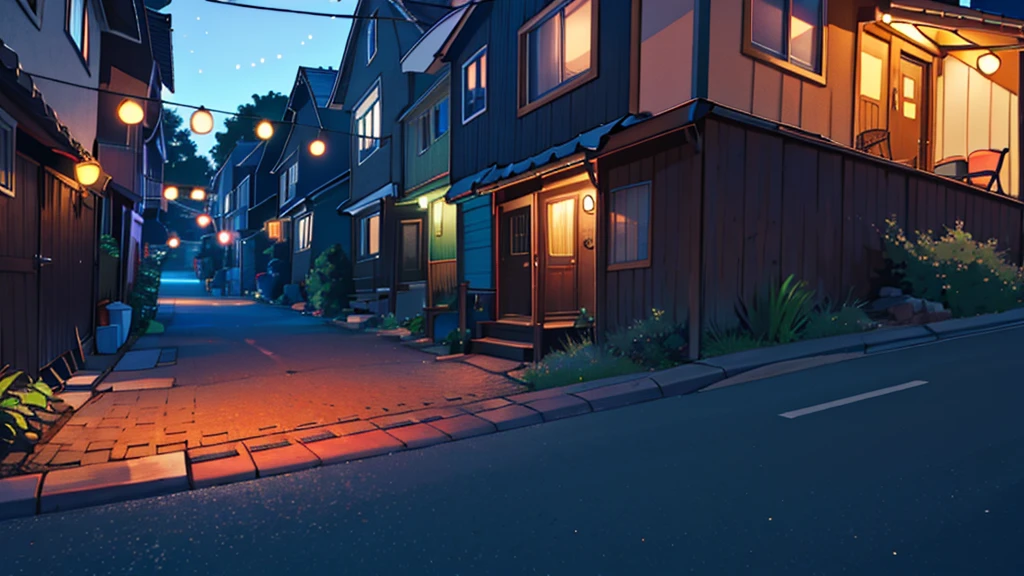 neighborhood, at night, dutch angle camera shot view, no humans, no persons