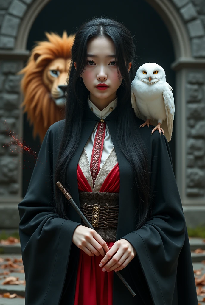 photorealistic photo, asian woman, white skin, Facing straight, Fluffy black hair, Slender fingers, There are five fingers on each hand., Black witch cloak, Red inner hood, black witch hat, White collared inner shirt, Red and white patterned tie, Holding a small, straight wand, There were several red sparks and red smoke coming out of the wood., A white owl stands on the right shoulder., A large golden lion with a fiery red mane appeared from the left rear., The background is an old black castle.