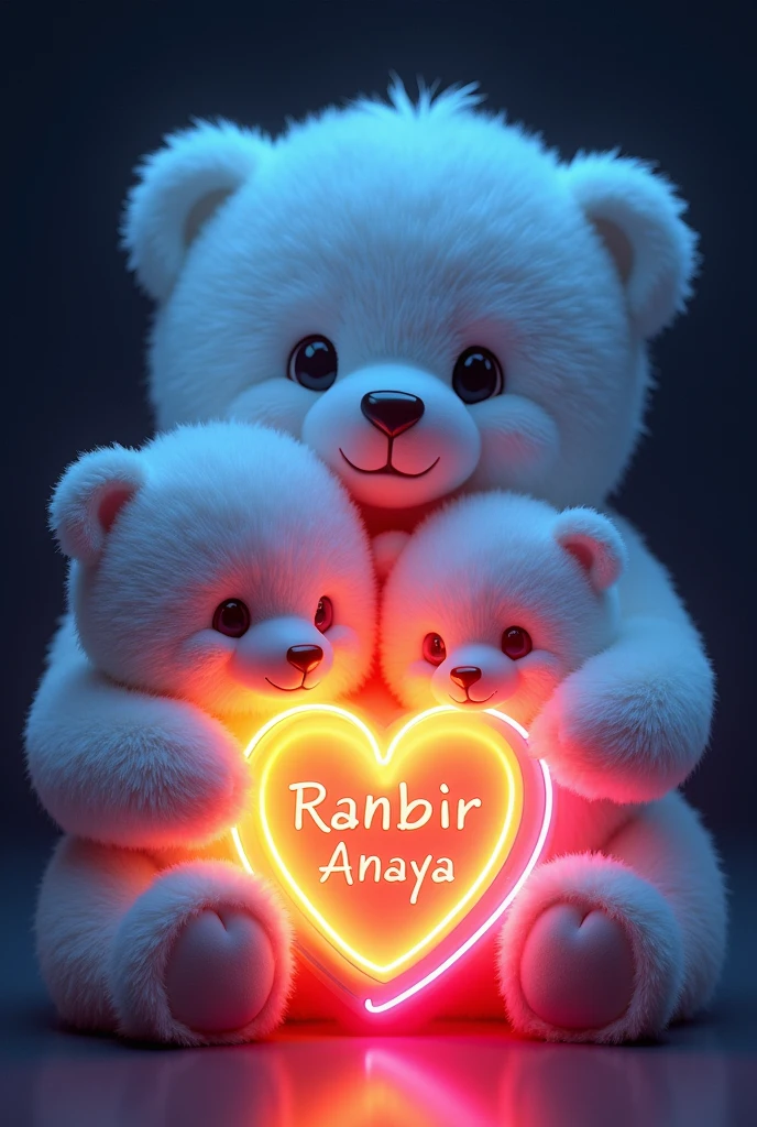 A captivating 3D render illustration showcases a charming trio of cuddly, adorable bears symbolizing love and celebration. The largest bear, adorned in white, holds a radiant blue neon heart inscribed with "Ranbir." The medium-sized bear, also dressed in white, tenderly hugs a brilliant yellow neon heart labeled "Anaya." The smallest, endearing bear snuggles into a vibrant pink neon heart marked with "." The dark background accentuates the soft forms and affectionate expressions of the bears, emanating warmth, affection, and festive energy. The cinematic style and modern design harmoniously unite to create an enchanting artistic masterpiece. This piece combines the talents of portrait photography, illustration, typography, 3D render, cinematic approach, and fashion elements, resulting in a visually stunning and emotionally resonant, portrait photography, typography, illustration, cinematic, 3d render, fashion