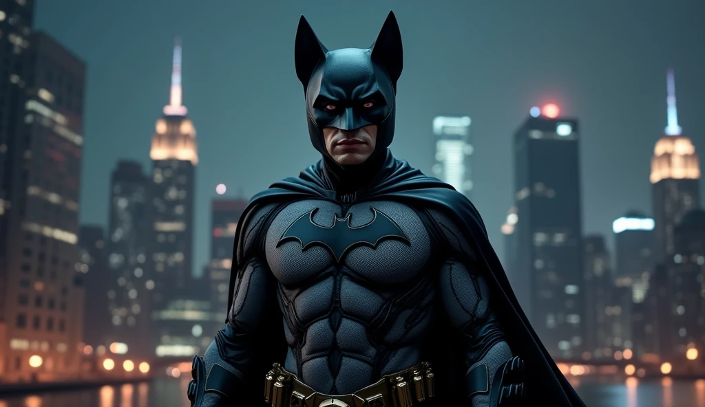 (((Puss in Boots Batman costume))), (upright posture), wearing the signature ((black)) and (((tight-fitting Batman suit:1.2))) with (((mask:1.3))) with ((pointed ears)) and ((cape)), (bat logo on the chest). ((((Maintains a confident and secure expression:1.1)))). The background is a nocturnal city with skyscrapers and the Batman alert signal in the sky, (((Masterpiece, extremely detailed:1.3, photorealistic:1.2, cinematic lighting:1.2, 8K, dramatic perspective:1.1))).