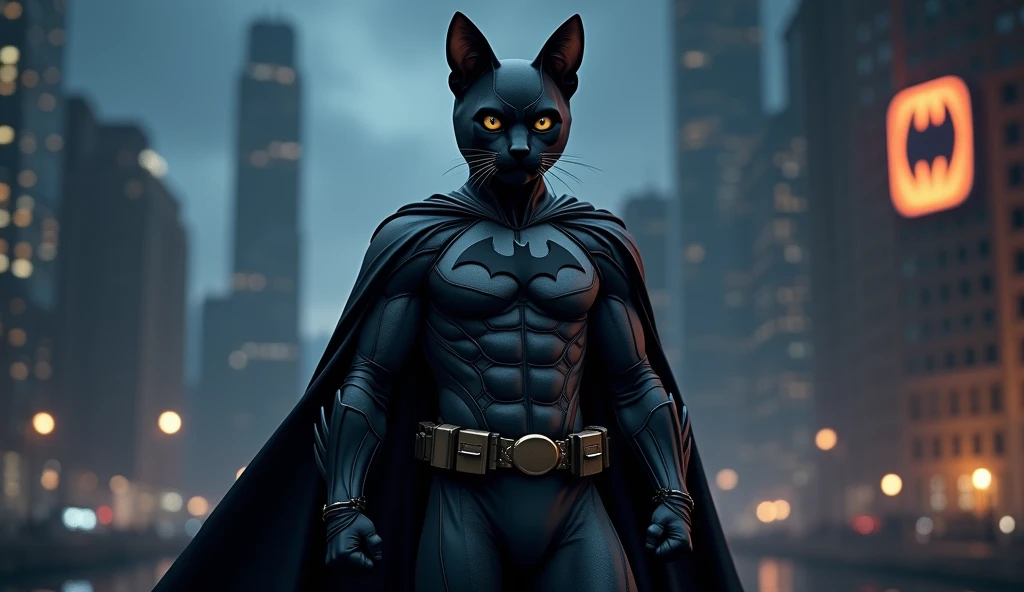 (((Puss in Boots Batman costume))), (upright posture), wearing the signature ((black)) and (((tight-fitting Batman suit:1.2))) with (((mask:1.3))) with ((pointed ears)) and ((cape)), (bat logo on the chest). ((((Maintains a confident and secure expression:1.1)))). The background is a nocturnal city with skyscrapers and the Batman alert signal in the sky, (((Masterpiece, extremely detailed:1.3, photorealistic:1.2, cinematic lighting:1.2, 8K, dramatic perspective:1.1))).