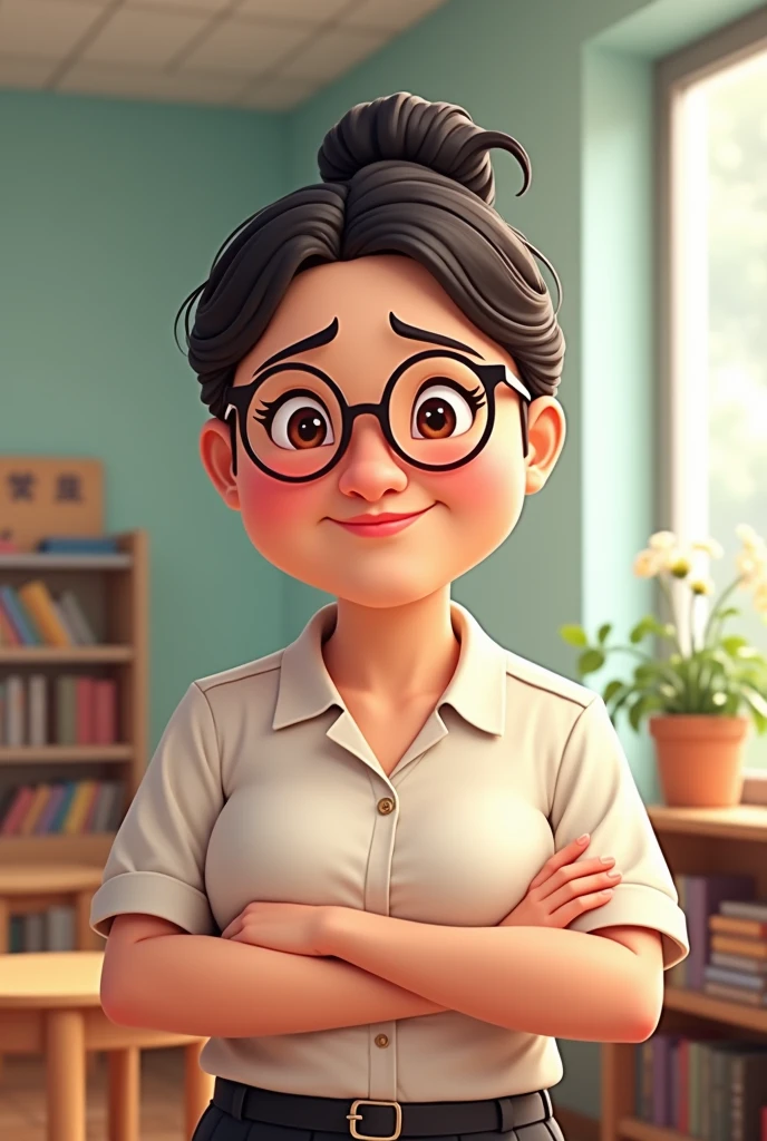 Chinese kindergarten headmistress Tie her hair , wear spec , slightly fat in cartoon type . Look strict