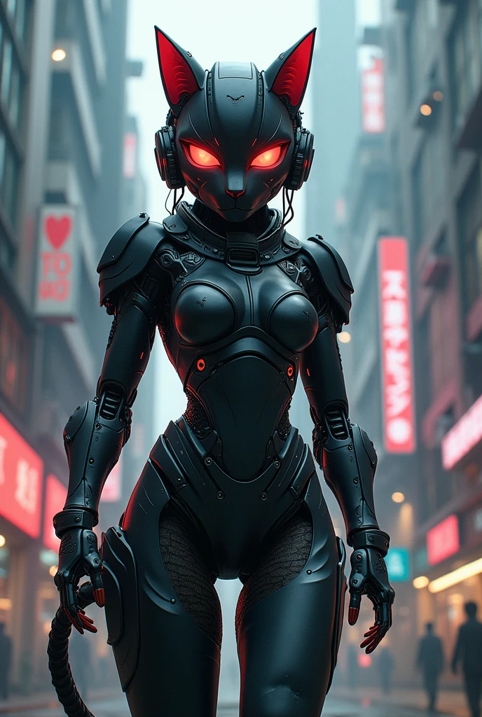 Japan anime、Robot Girl、Rubber Suit、Mecha Head、Full Mask、Thick Armor、Anthropomorphic cyberpunk cat、