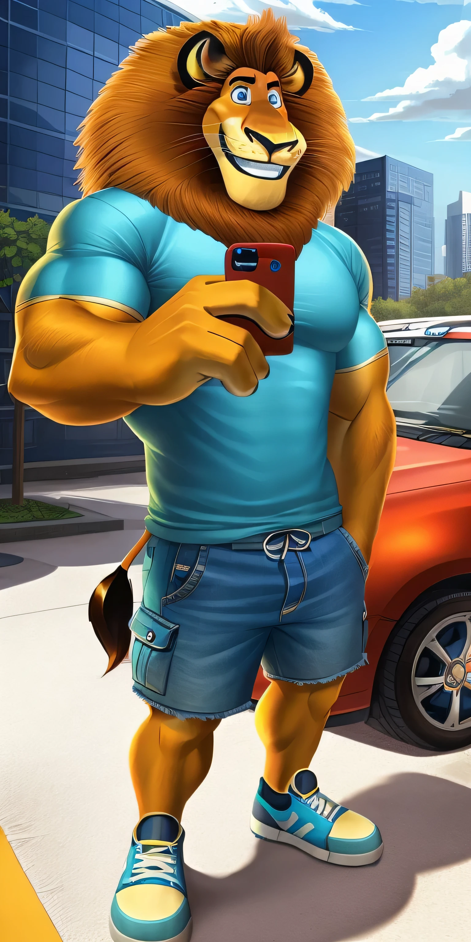 Alex the Lion, muscular body, big biceps, extremely beautiful and cute face, perfectly detailed blue eyes with perfectly detailed pupils, wears cyan polo shirt, denim cargo shorts, blue sneakers, parking background, standing around luxury car, selfie, kind look, cute smile