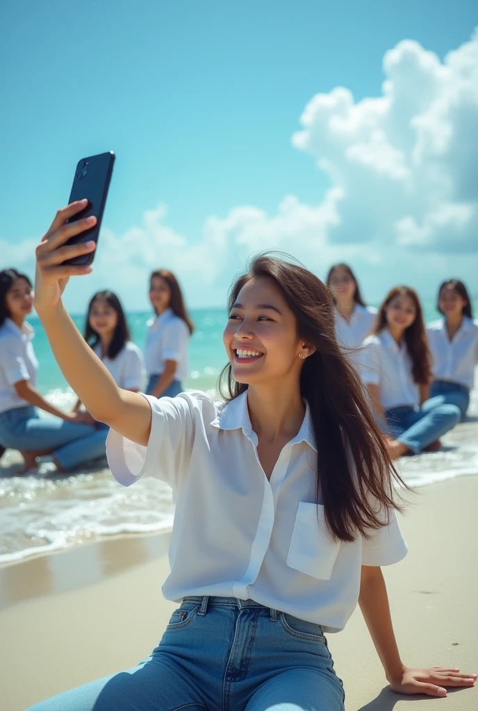 professional photography there are 8 beautiful Indonesian women, who wears a white shirt , jeans, Senada is sitting and taking a selfie, with the background on the beach with the attractive lapping of the waves and bright blue clouds. fullHD, ultrahd+ ,  Earth&#39;s atmosphere,realistic, looks authentic, dramatic scene, must be detailed