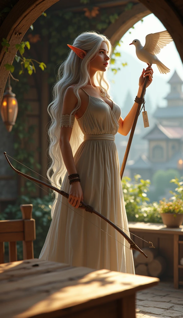 Full-body portrait. A beautiful silver-haired elven woman. carrying a bow and arrow in blue and white clothes. standing holding a dove. And tucking a paper into the dove's leg. Behind her is a wooden table and a wooden chair and a wooden cup. The background at the dining table is a simple house full of shiny brown wood in the elf village. The background of the house is a beautiful fairy village. This scene is a very detailed and professional 3D digital art. Masterpiece