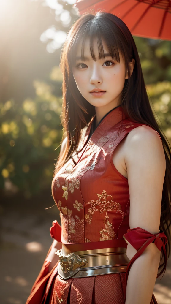 a beautiful japanese female samurai, full upper body portrait, wearing a red samurai armor, long brown hair, pale skin, serious expression, outdoors, hyper realistic, (best quality,4k,8k,highres,masterpiece:1.2),ultra-detailed,(realistic,photorealistic,photo-realistic:1.37),cinematic lighting,dramatic colors,intricate details