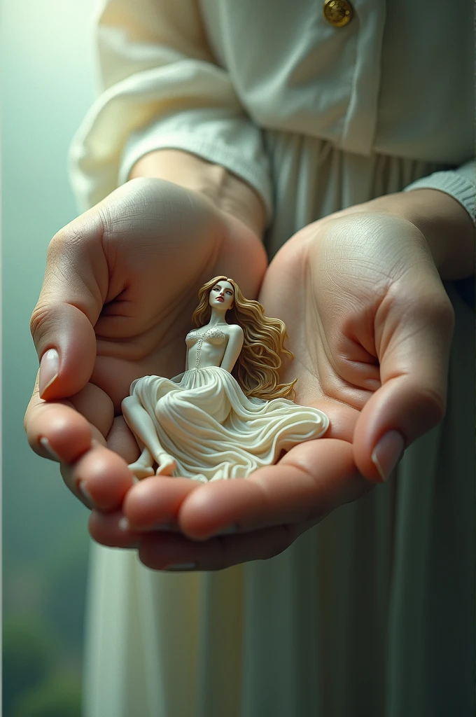 Male me a giant hand holding a tiny beautiful woman