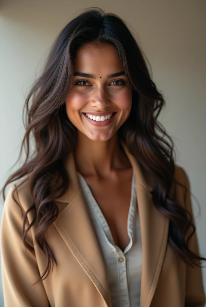 There is a young, Beautiful indian woman, who looks to the future like Katrina Kaif. Smiles into the camera, beautiful teeth. She stands there and looks into the camera, a portrait from raw photo, Modern coat,