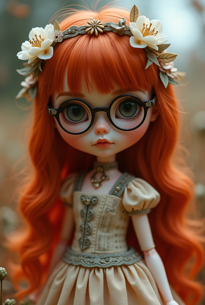 imagine a blythe doll with long cherry red hair with NO bangs, black eyes with round glasses