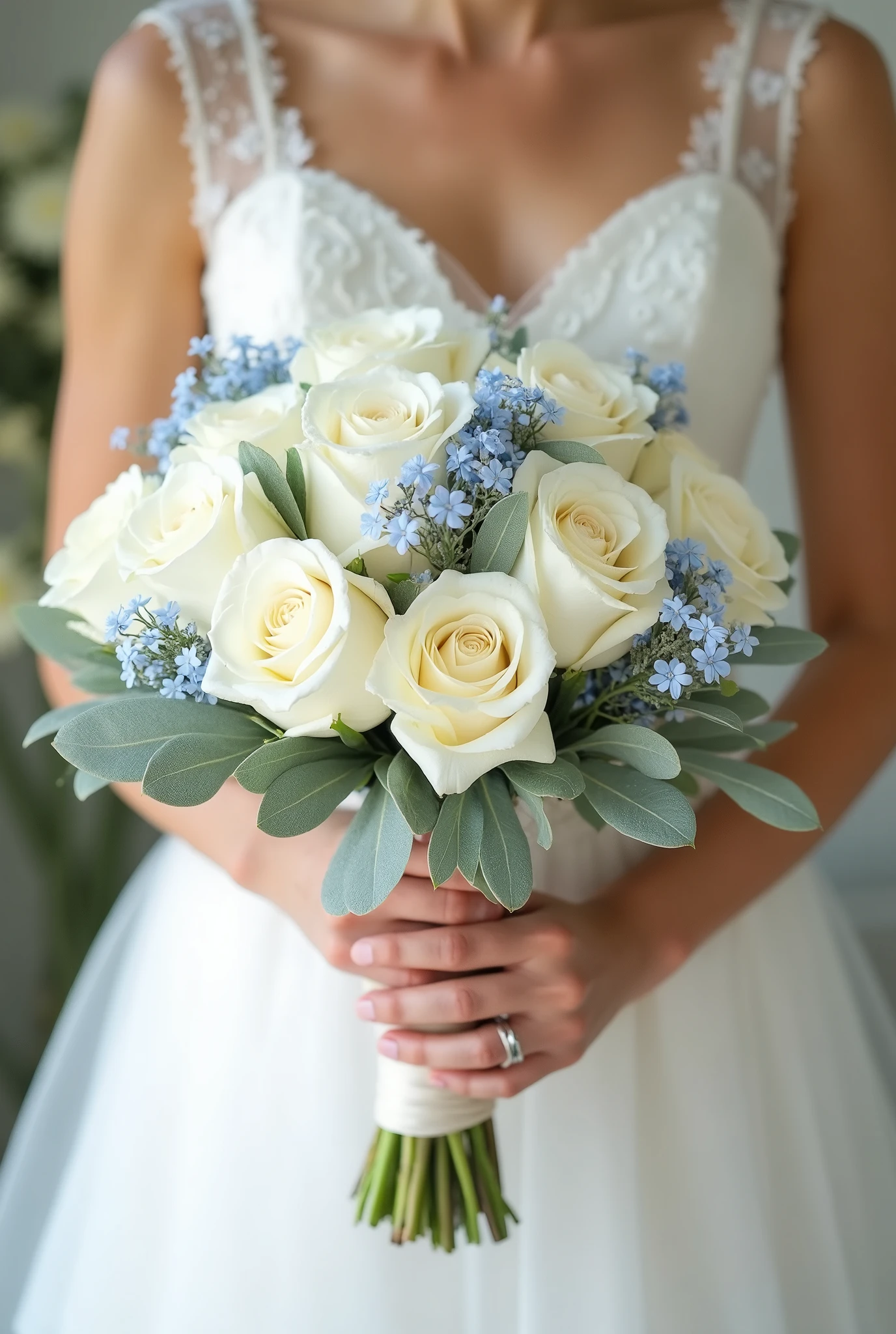 bridal bouquet with white roses and mini blue flowers