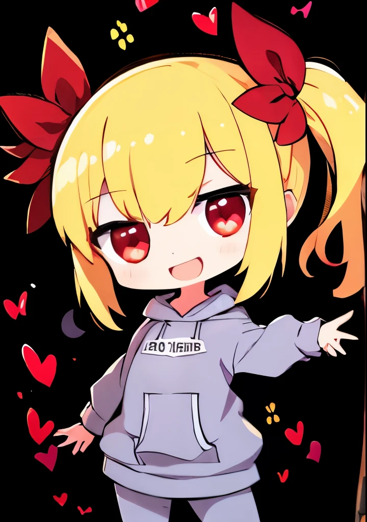 One girl, idol style cartoon character, cute face, big mouth, big smile, smiling face, strong eyes, droopy eyes, kind loving face, bright expression, blond twintail hair, hoodie, pants, focus on face, front view, red eyes, two hands, five fingers, no shadow on background, high resolution