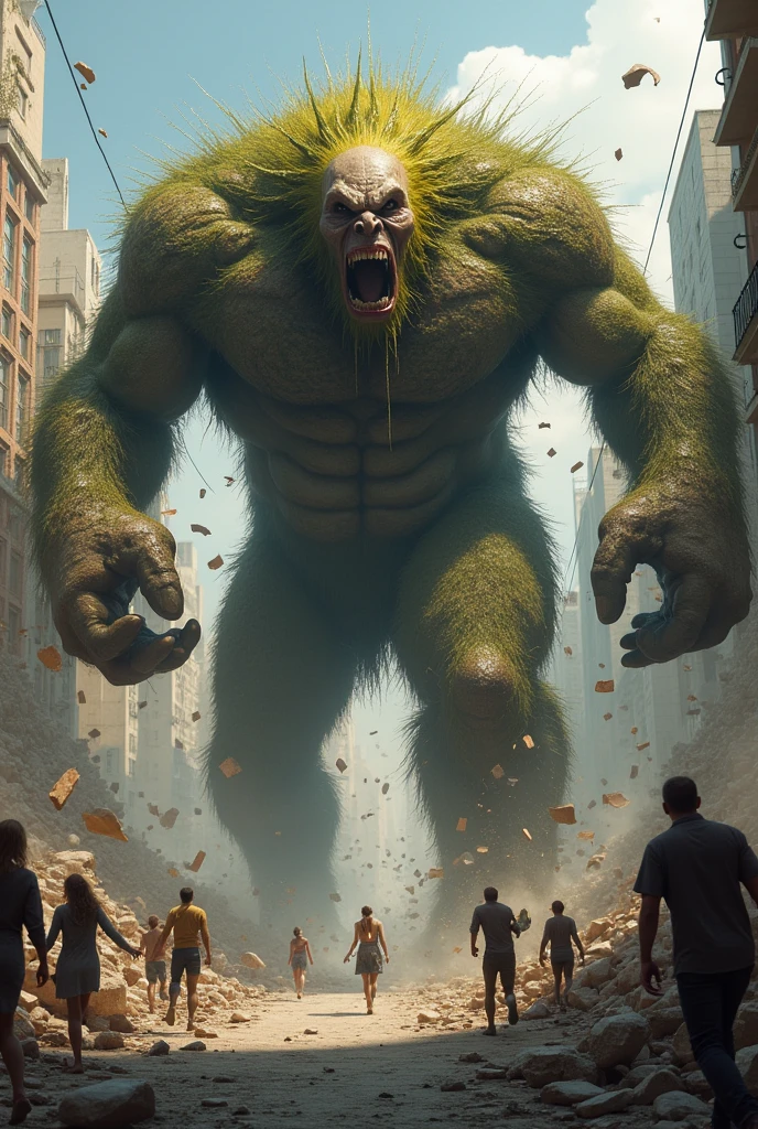 MangoFather's Wrath**: The Mangofather rampages through the city, smashing buildings with his large paws, while people run in fear. Debris and chaos fill the scene.