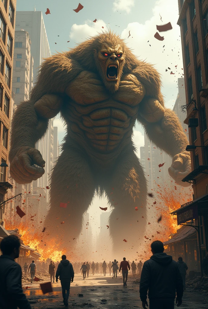 MangoFather's Wrath**: The Mangofather rampages through the city, smashing buildings with his large paws, while people run in fear. Debris and chaos fill the scene.