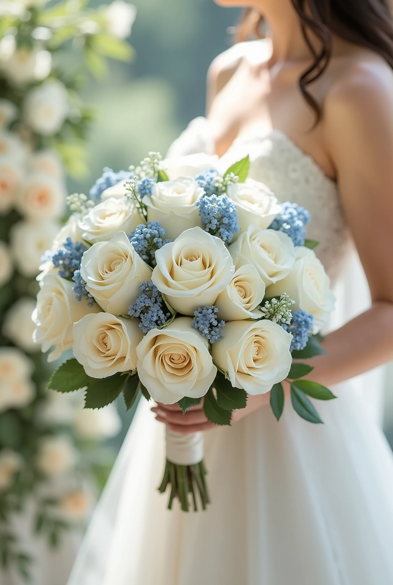 bridal bouquet with white roses and mini blue flowers