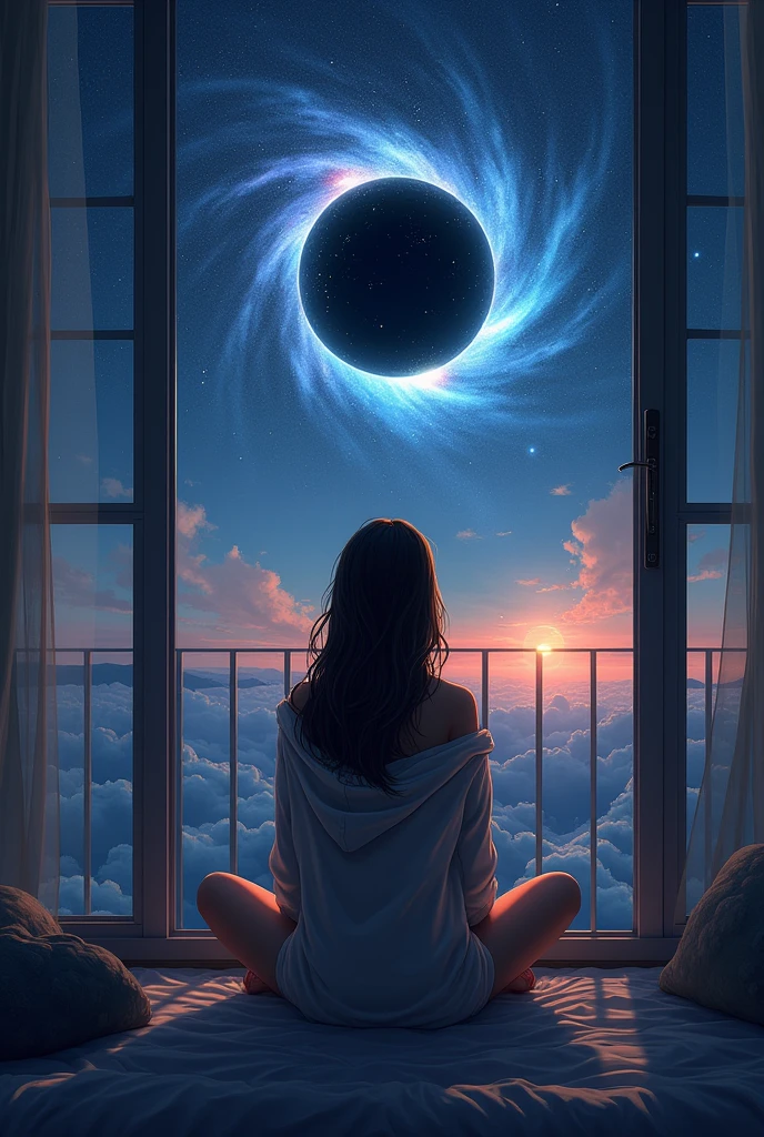 beautiful girl in a home hoodie sits on the balcony. From the balcony there is a view of space and a black hole. Cosmos, figure detailing, sexually.