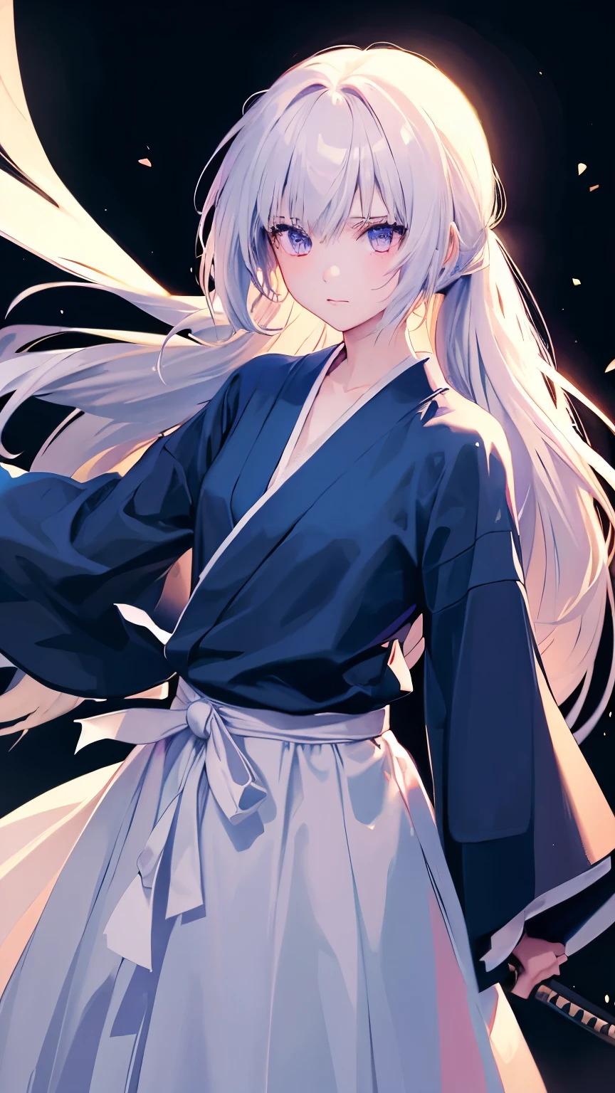 (high quality、masterpiece、be familiar with、normal body)((Beautiful girl carrying a Japanese sword、white long hair、Eyes that emit a mysterious light))、Wearing a mysterious robe、wearing a skirt:1.2、moonlight、standing、Battoujutsu、Absence、Hiten Mitsword Style Secret Technique Tensho Ryusen