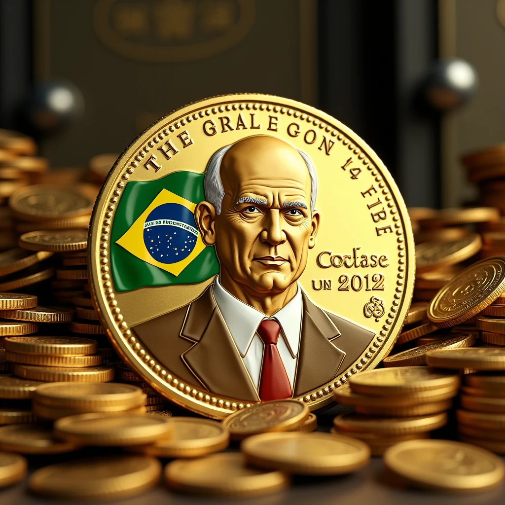 Bald man minted on gold coin, describes a completely bald dictator, without mustache, just with a suit and tie, brazileiro, Brazilian flag depicted on the currency, just a coin standing facing the round camera, with some minted details, giving impression of value, Ao fundo, piles of coins and safes, ultra wide angle image with high definition