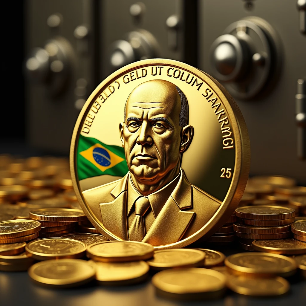 Bald man minted on gold coin, describes a completely bald dictator, without mustache, just with a suit and tie, brazileiro, Brazilian flag depicted on the currency, just a coin standing facing the round camera, with some minted details, giving impression of value, Ao fundo, piles of coins and safes, ultra wide angle image with high definition