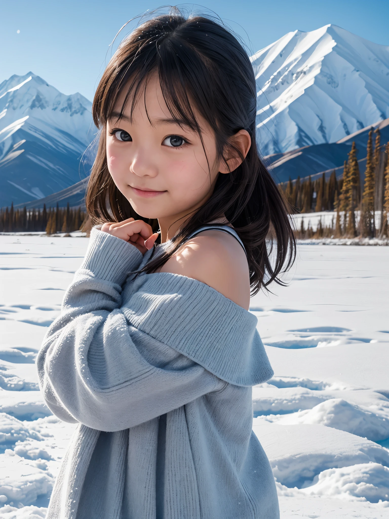 Japanese , off-shoulder, sweet expression, winter, Kluane National Park, Canada, snowy field