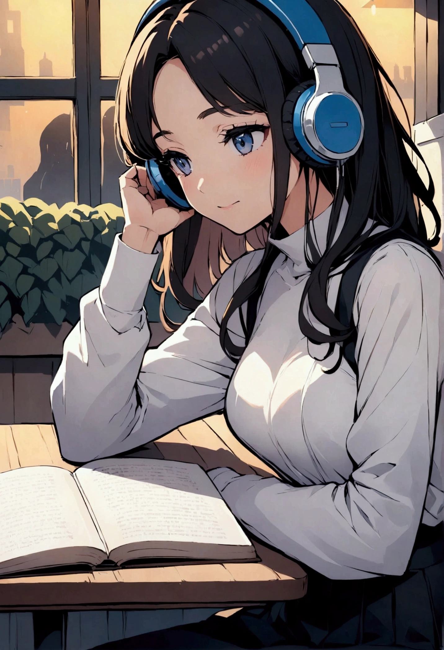 create an anime style high resolution illustration of a young beautifyul woman, sitting and studying at a table in a cozy cafe in the evening. The is looking at the book and focusing on the study with random stationary scattering on the table. She has headphones on and her hair is tied. She has a cup of coffe on her side. dress her in a white high neck full sleeves. and a pair of black high waisted trousers
