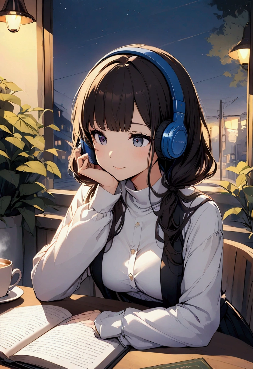 create an anime style high resolution illustration of a young beautifyul woman, sitting and studying at a table in a cozy  cafe in the evening. The is looking at the book and focusing on the study with random stationary scattering on the table. She has headphones on and her hair is tied. She has a cup of coffe on her side. dress her in a white high neck full sleeves. and a pair of black high waisted trousers
