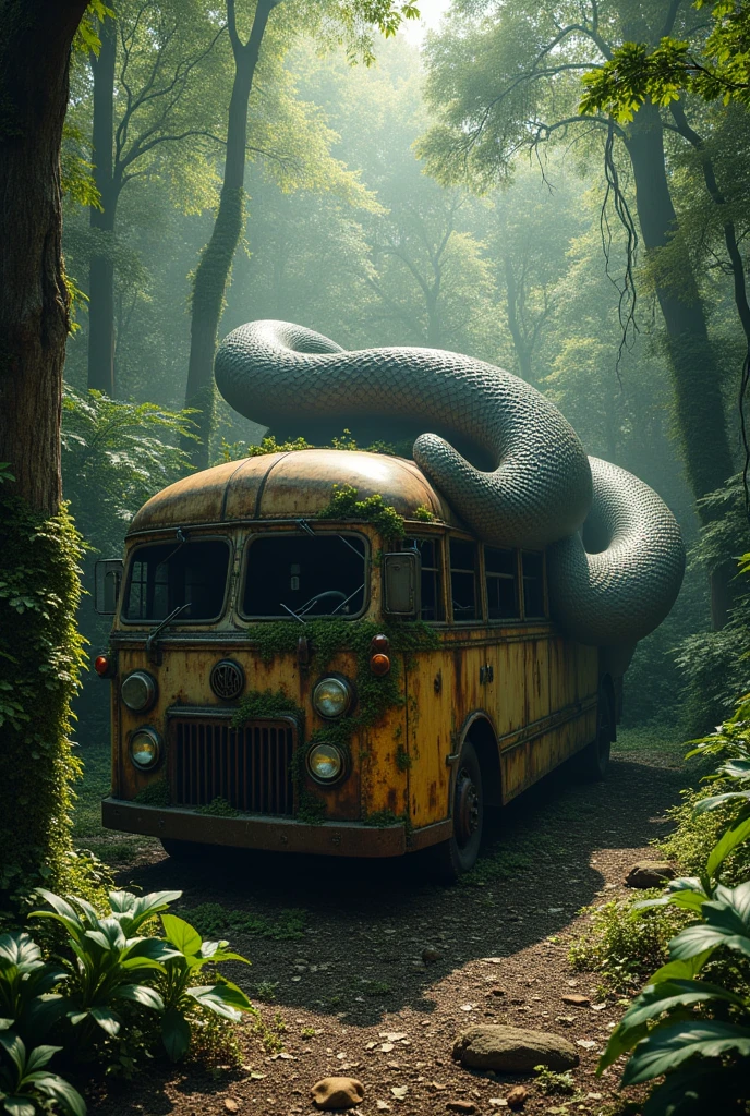 Anaconda wrapped around bus carcass in the middle of the forest