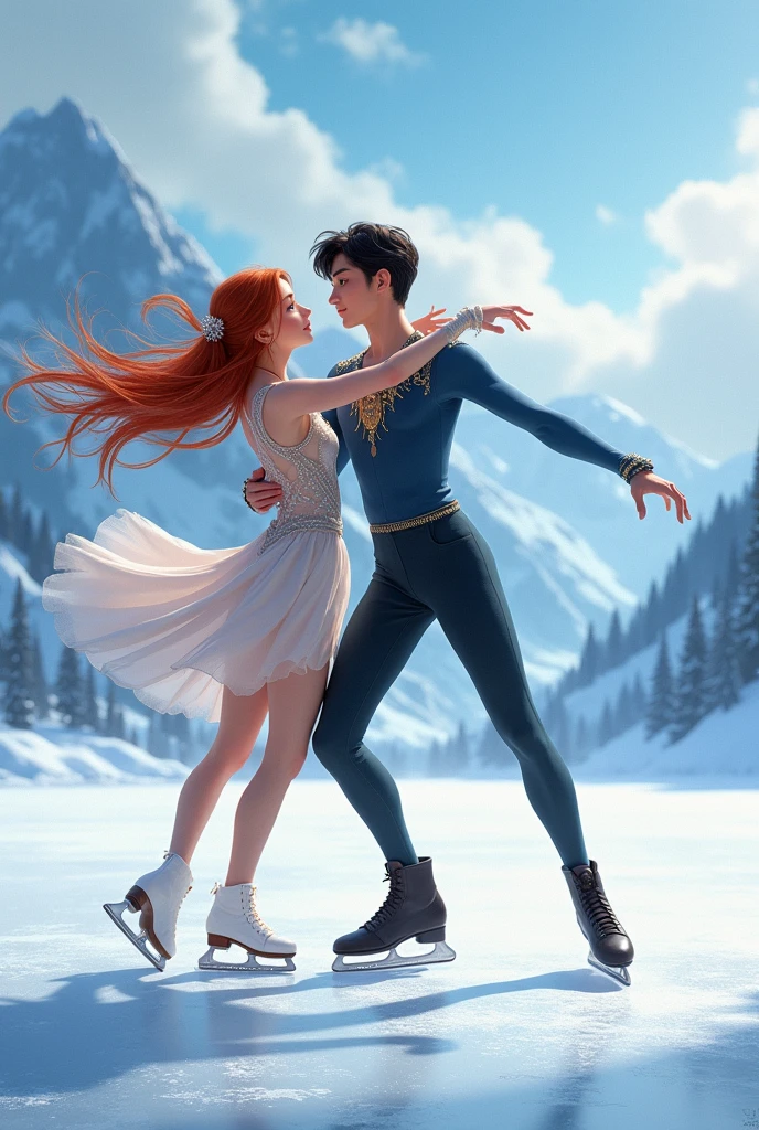 Generate an image of a pair of ice skaters, a red-haired girl with long hair and a black-haired boy 