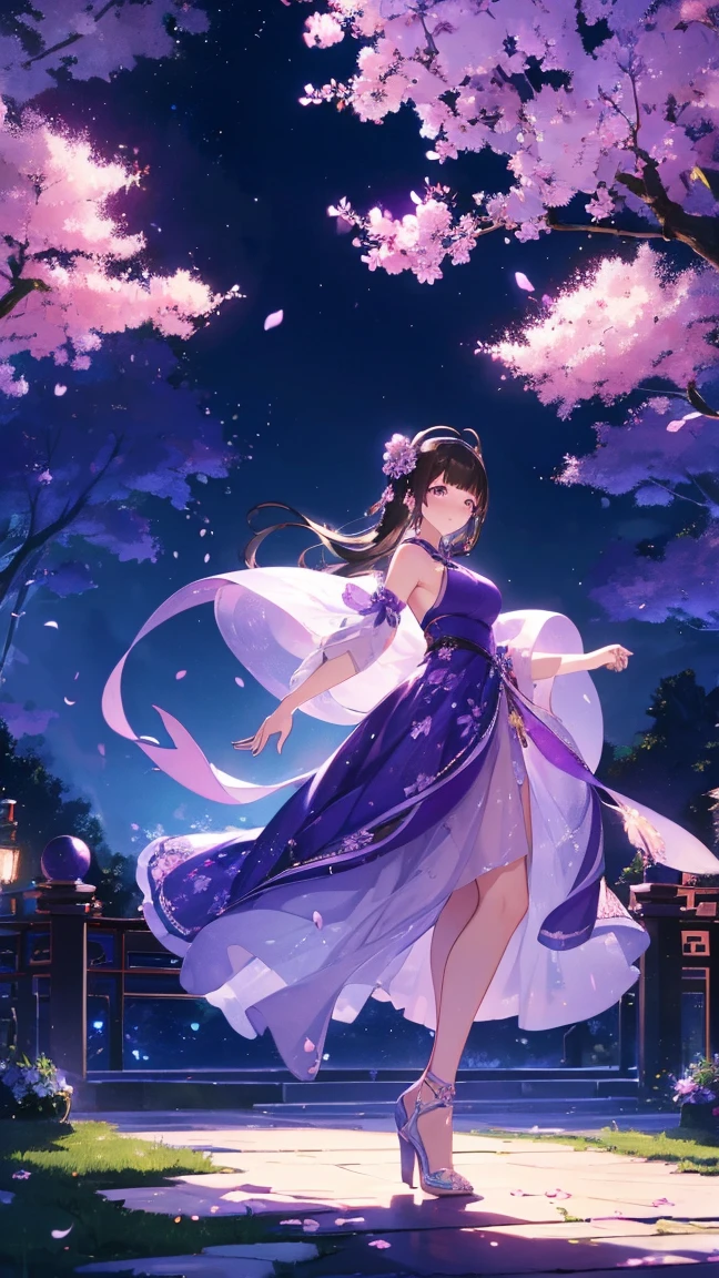 (Best quality,A high resolution,Clear image:1.2),Ultra-detailed background,Beautiful woman,standing on your feet，Purple dress，Chinese style clothes,Delicate petals,Garden scene,Under the moonlight,Romantic atmosphere,Dutch Angle Shot,Soft lighting,shelmet