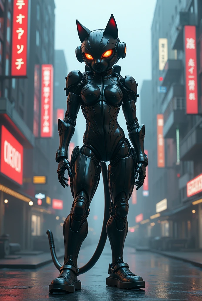 Japan anime、Robot Girl、Rubber Suit、Mecha Head、Full Mask、Thick Armor、Anthropomorphic cyberpunk cat、