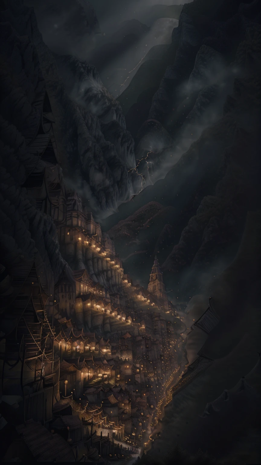 official art, ancient china, ancient road, (A lot of fireflies), (at night), (moon), electricity, beautiful scenery, Grand landscape, realistic light, Masterpiece, High quality, Beautiful graphics, Highly detailed, world class lighting, Unrealistic engine rendering, Octane rendering, (HDR:1.3)Masterpiece, From the depths of the universe, Mysterious fog and shadows fall on the once green and blue world.., Their dark tendrils spread like a terrifying sludge across the cursed land... Starting with a towering mountain, Shadows creep in secretly., Covering every snow-capped mountain peak in darkness.. The once vibrant landscape is now deserted in an eerie twilight.., As endless shadows and darkness spread to claim dominance over the entire world,., (lightning, thunder, The Lord of the Rings feel:1.3), 16ก, Ultra high resolution.realistic, UHD, wide angle, depth of field, raw, Office in the Rain